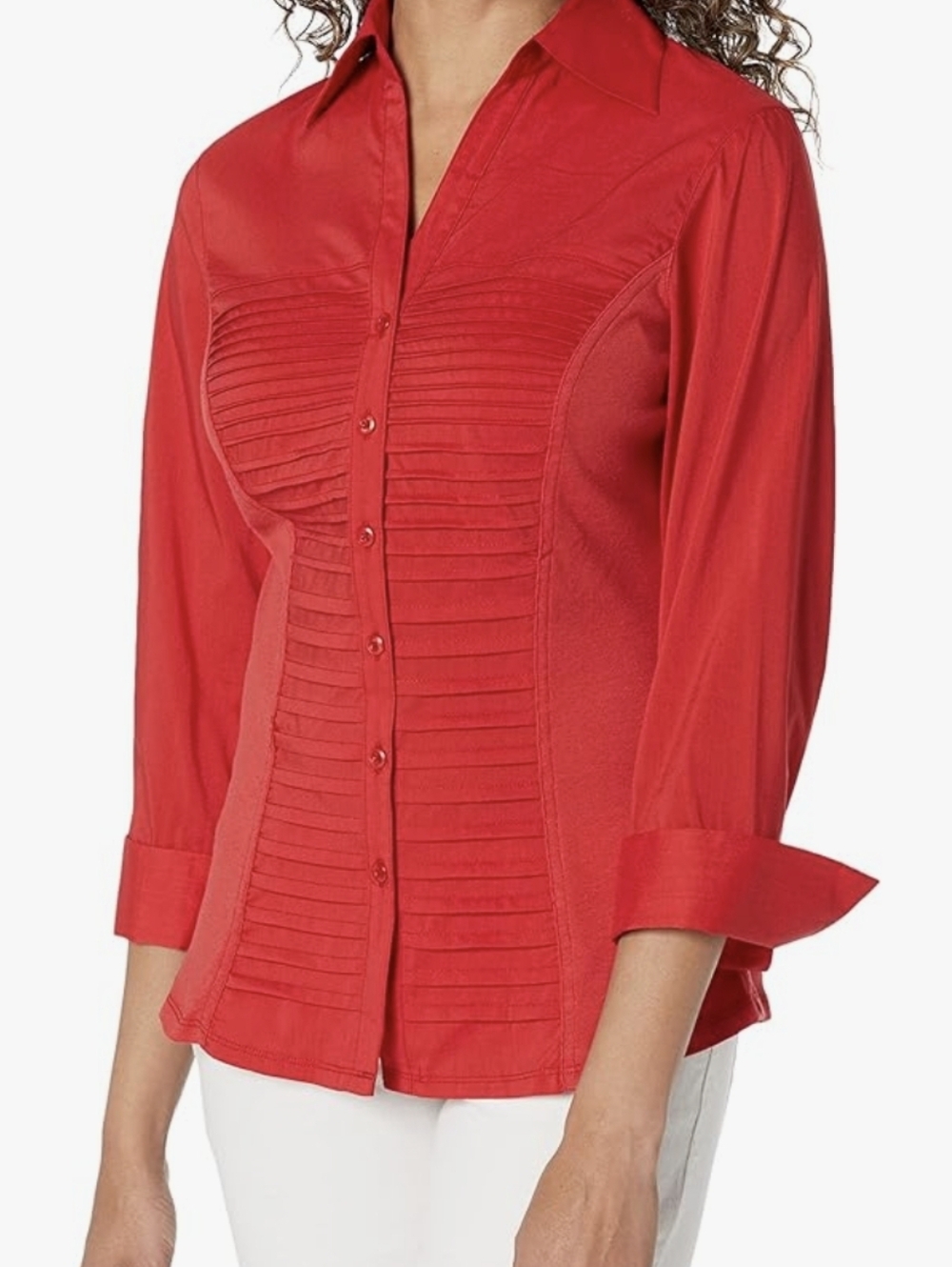 Zac & Rachel Red Button-Front Pleated, Flattering Tapered Waist Women’s Shirt